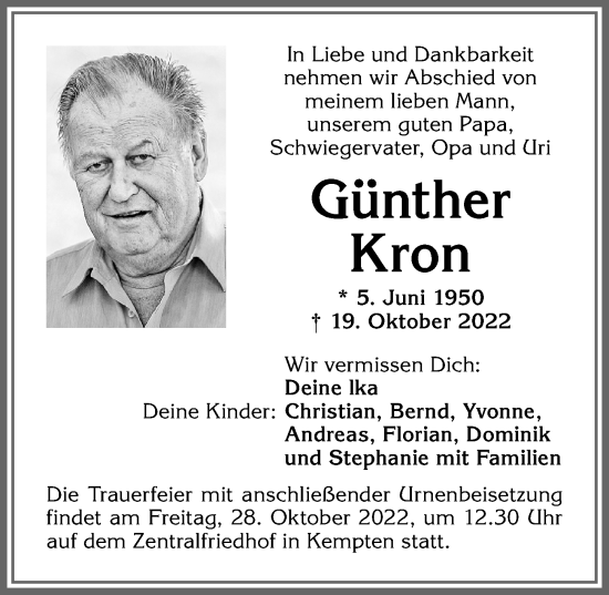 Traueranzeige von Günther Kron von Allgäuer Zeitung,Kempten