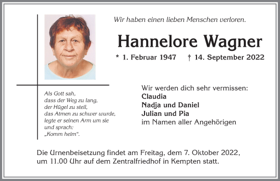Traueranzeige von Hannelore Wagner von Allgäuer Zeitung,Kempten