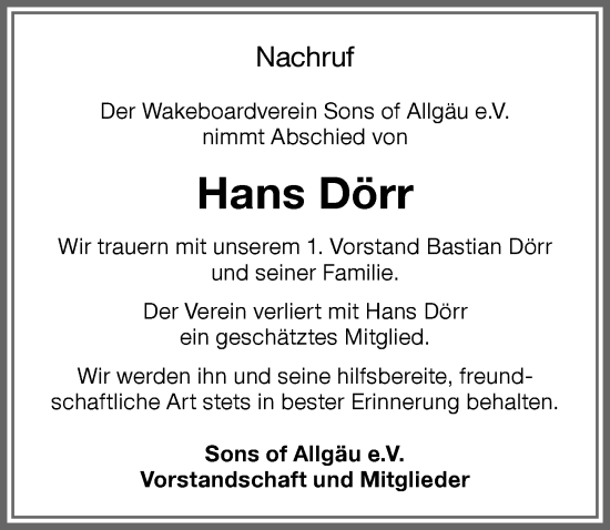 Traueranzeige von Hans Dörr von Memminger Zeitung
