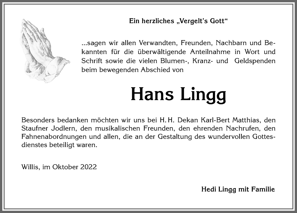  Traueranzeige für Hans Lingg vom 29.10.2022 aus Allgäuer Anzeigeblatt
