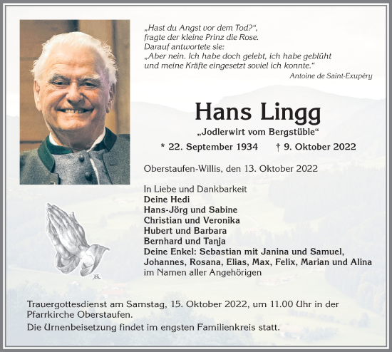 Traueranzeige von Hans Lingg von Allgäuer Anzeigeblatt