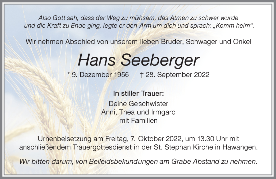 Traueranzeige von Hans Seeberger von Memminger Zeitung
