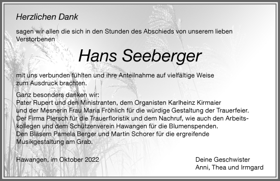 Traueranzeige von Hans Seeberger von Memminger Zeitung