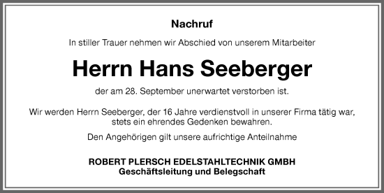 Traueranzeige von Hans Seeberger von Memminger Zeitung