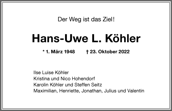 Traueranzeige von Hans-Uwe L. Köhler von Allgäuer Zeitung,Kempten