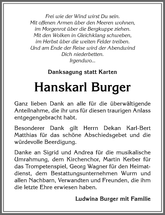 Traueranzeige von Hanskarl Burger von Allgäuer Anzeigeblatt