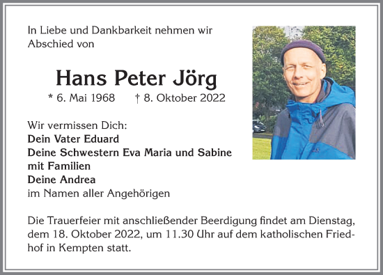 Traueranzeige von Hans Peter Jörg von Allgäuer Zeitung,Kempten