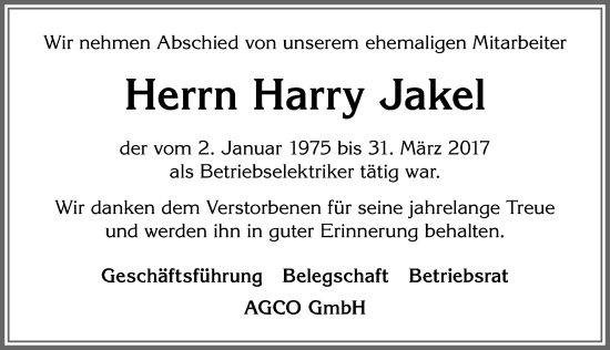 Traueranzeige von Harry Jakel von Allgäuer Zeitung, Marktoberdorf