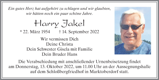 Traueranzeige von Harry Jakel von Allgäuer Zeitung, Marktoberdorf