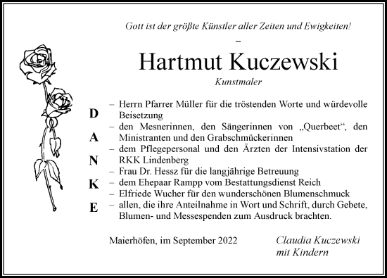 Traueranzeige von Hartmut Kuczewski von Der Westallgäuer