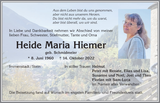 Traueranzeige von Heide Maria Hiemer von Allgäuer Anzeigeblatt