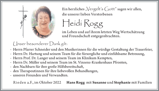 Traueranzeige von Heidi Rogg von Allgäuer Zeitung, Füssen