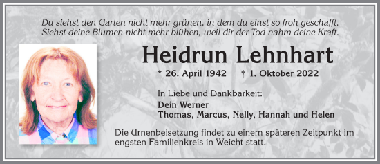 Traueranzeige von Heidrun Lehnhart von Allgäuer Zeitung, Kaufbeuren/Buchloe