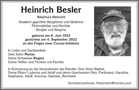 Traueranzeige von Heinrich Besler von Allgäuer Anzeigeblatt