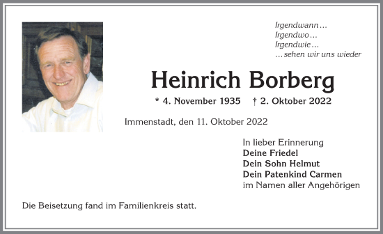 Traueranzeige von Heinrich Borberg von Allgäuer Anzeigeblatt