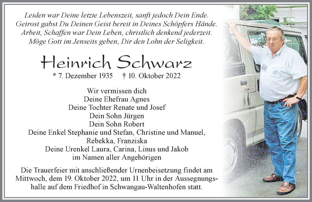  Traueranzeige für Heinrich Schwarz vom 15.10.2022 aus Allgäuer Zeitung, Füssen