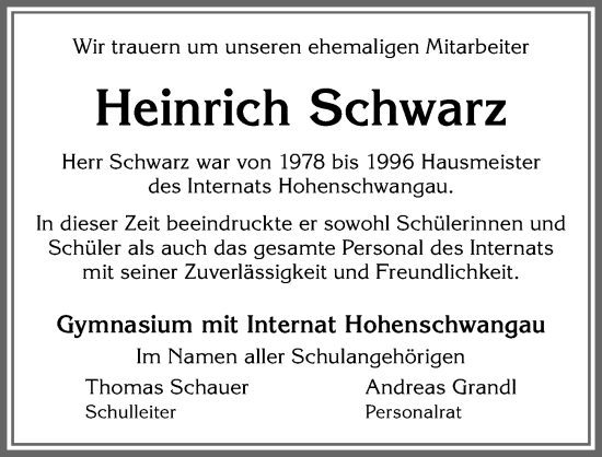 Traueranzeige von Heinrich Schwarz von Allgäuer Zeitung, Füssen