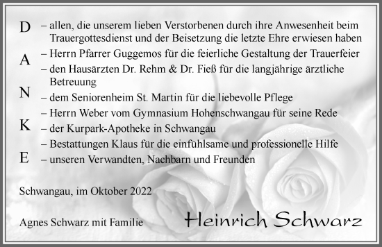 Traueranzeige von Heinrich Schwarz von Allgäuer Zeitung, Füssen