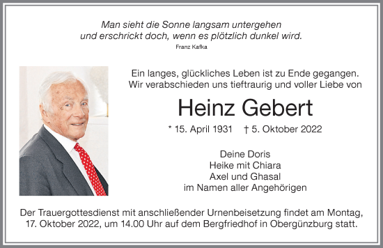 Traueranzeige von Heinz Gebert von Allgäuer Zeitung, Marktoberdorf