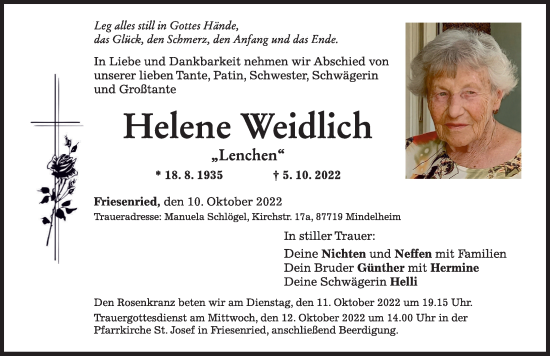 Traueranzeige von Helene Weidlich von Allgäuer Zeitung, Kaufbeuren/Buchloe