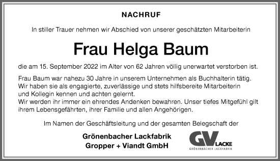 Traueranzeige von Helga Baum von Memminger Zeitung