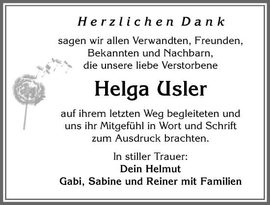 Traueranzeige von Helga Usler von Allgäuer Zeitung, Kaufbeuren/Buchloe