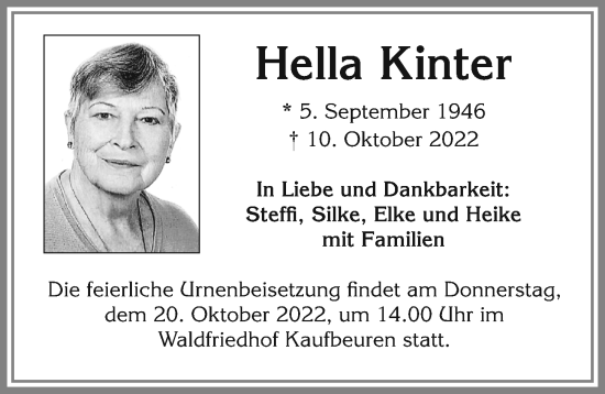 Traueranzeige von Hella Kinter von Allgäuer Zeitung, Kaufbeuren/Buchloe