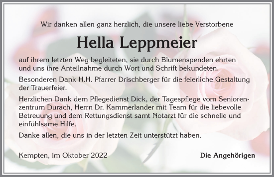 Traueranzeige von Hella Leppmeier von Allgäuer Zeitung,Kempten