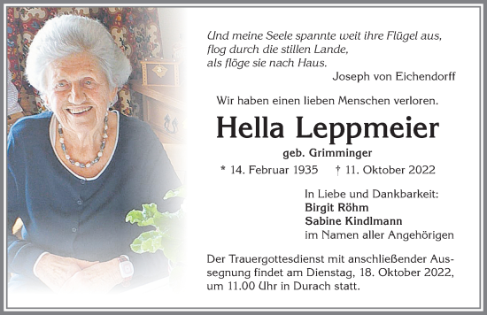 Traueranzeige von Hella Leppmeier von Allgäuer Zeitung,Kempten