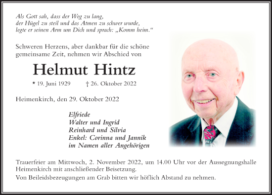 Traueranzeige von Helmut Hintz von Der Westallgäuer
