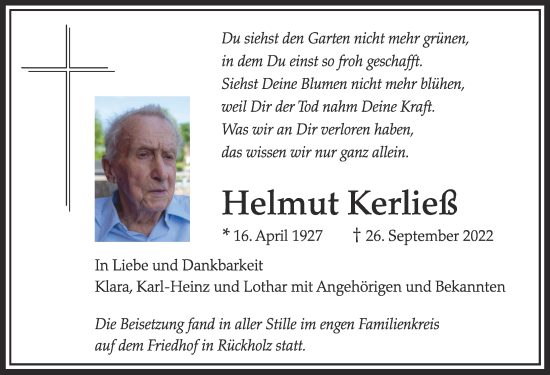 Traueranzeige von Helmut Kerließ von Allgäuer Zeitung, Füssen