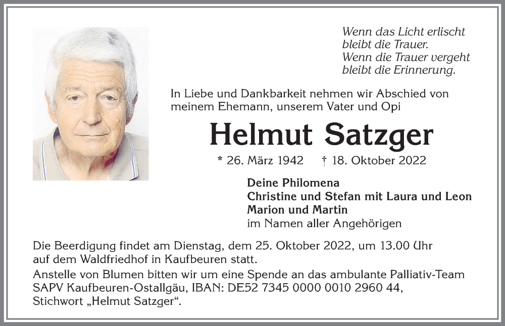 Traueranzeige für Helmut Satzger vom 22.10.2022 aus Allgäuer Zeitung, Kaufbeuren/Buchloe