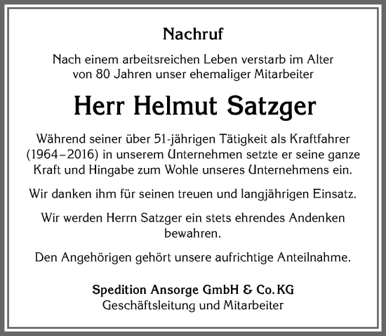 Traueranzeige von Helmut Satzger von Allgäuer Zeitung, Kaufbeuren/Buchloe