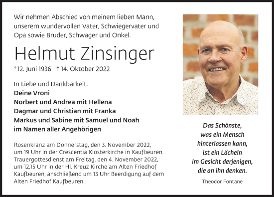 Traueranzeige von Helmut Zinsfinger von Allgäuer Zeitung, Kaufbeuren/Buchloe