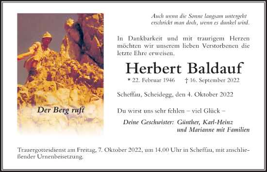Traueranzeige von Herbert Baldauf von Der Westallgäuer