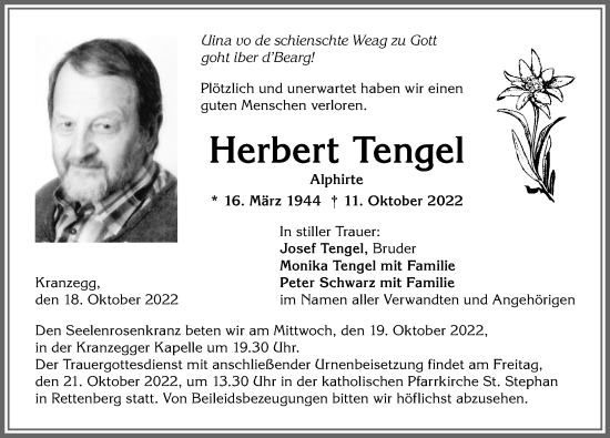 Traueranzeige von Herbert Tengel von Allgäuer Anzeigeblatt