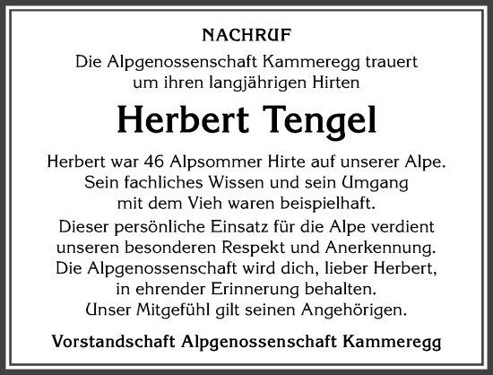 Traueranzeige von Herbert Tengel von Allgäuer Anzeigeblatt