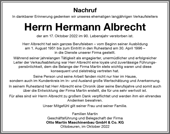 Traueranzeige von Hermann Albrecht von Memminger Zeitung