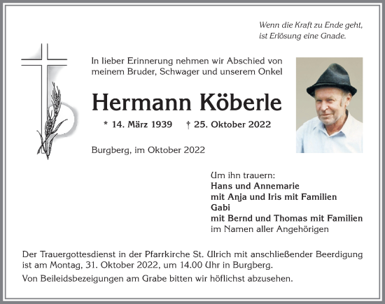 Traueranzeige von Hermann Köberle von Allgäuer Anzeigeblatt