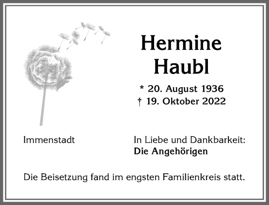 Traueranzeige von Hermine Haubl von Allgäuer Anzeigeblatt