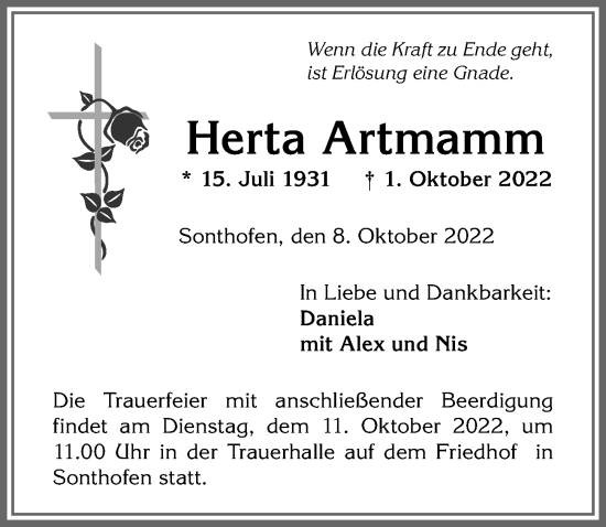 Traueranzeige von Herta Artmamm von Allgäuer Anzeigeblatt