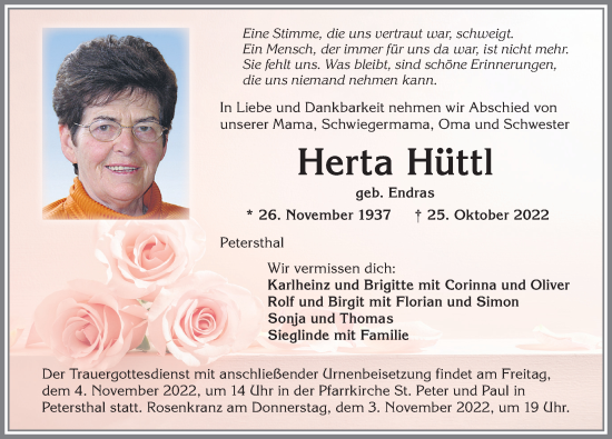 Traueranzeige von Herta Hüttl von Allgäuer Zeitung,Kempten
