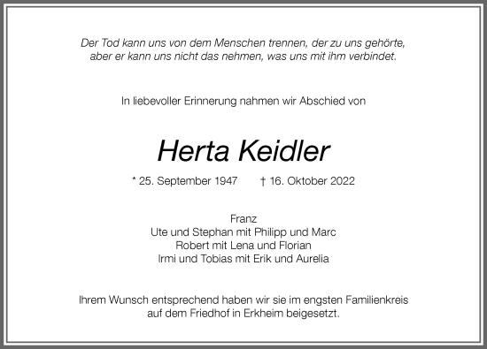 Traueranzeige von Herta Keidler von Memminger Zeitung