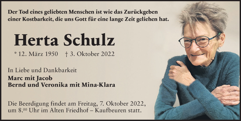  Traueranzeige für Herta Schulz vom 06.10.2022 aus Allgäuer Zeitung, Kaufbeuren/Buchloe