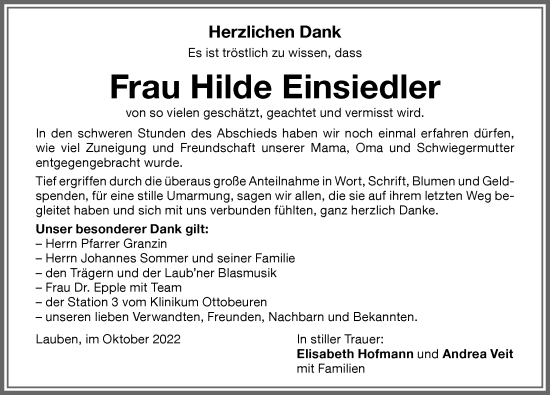 Traueranzeige von Hilde Einsiedler von Memminger Zeitung