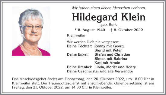 Traueranzeige von Hildegard Klein von Allgäuer Zeitung,Kempten