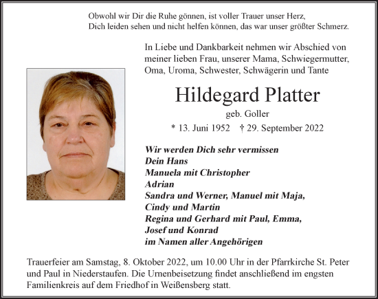 Traueranzeige von Hildegard Platter von Der Westallgäuer