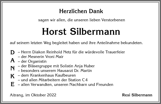 Traueranzeige von Horst Silbermann von Allgäuer Zeitung, Marktoberdorf