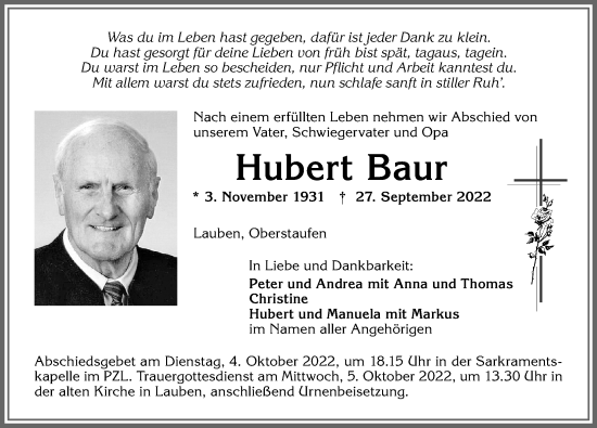 Traueranzeige von Hubert Baur von Allgäuer Zeitung,Kempten