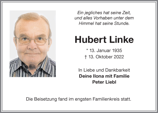 Traueranzeige von Hubert Linke von Memminger Zeitung